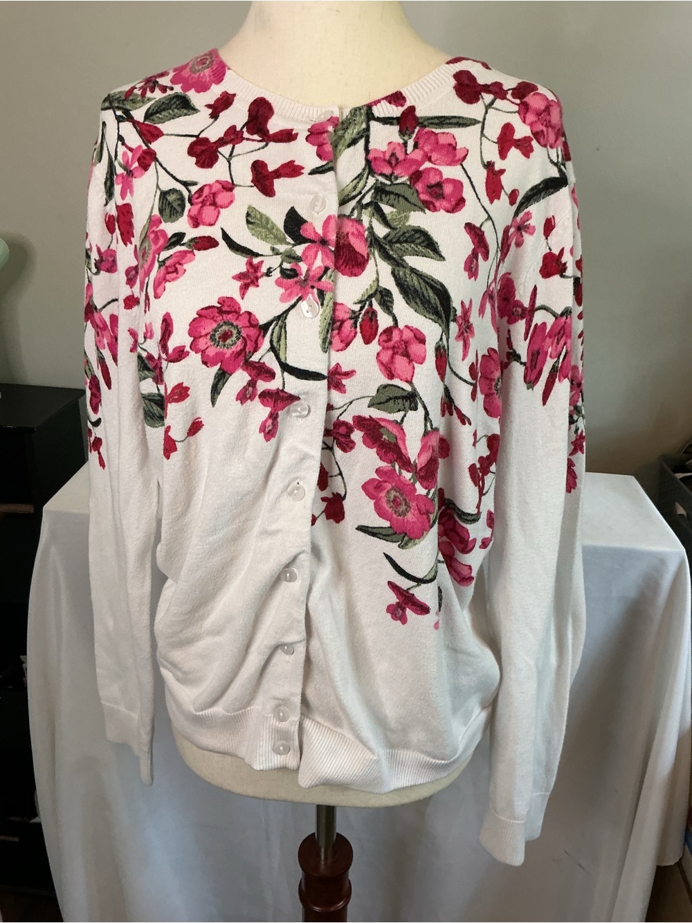 Karen Scott White Cardigan with Pink Floral Print